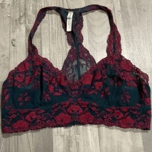 Free People Intimately Adella Bralette - Deep Teal & Burgundy Lace - Size Large